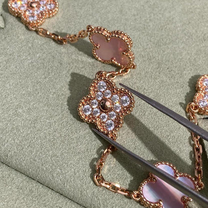 [LUCKY LOVE]CLOVER 10 MOTIFS DIAMOND PINK MOP NECKLACE