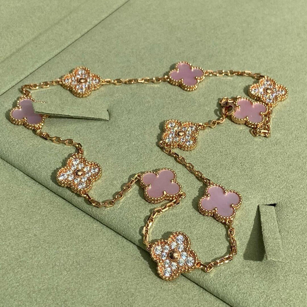 [LUCKY LOVE]CLOVER 10 MOTIFS DIAMOND PINK MOP NECKLACE