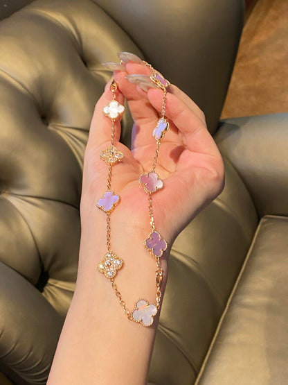 [LUCKY LOVE]CLOVER 10 MOTIFS DIAMOND PINK MOP NECKLACE