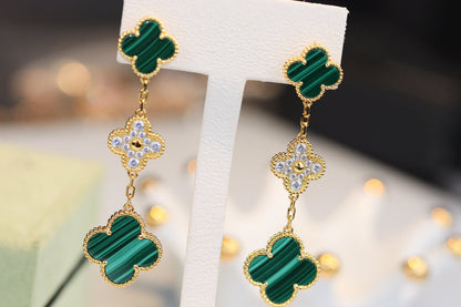 [LUCKY LOVE]CLOVER EARRINGS GOLD MALACHITE DIAMOND 3 MOTIF