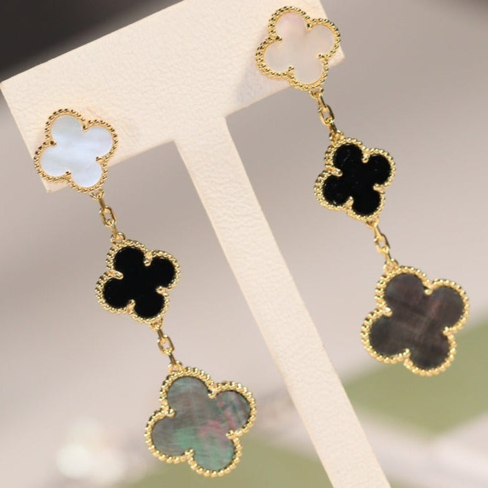 [LUCKY LOVE]CLOVER EARRINGS GOLD ONYX MOP 3 MOTIF