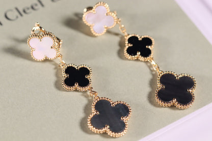[LUCKY LOVE]CLOVER EARRINGS GOLD ONYX MOP 3 MOTIF