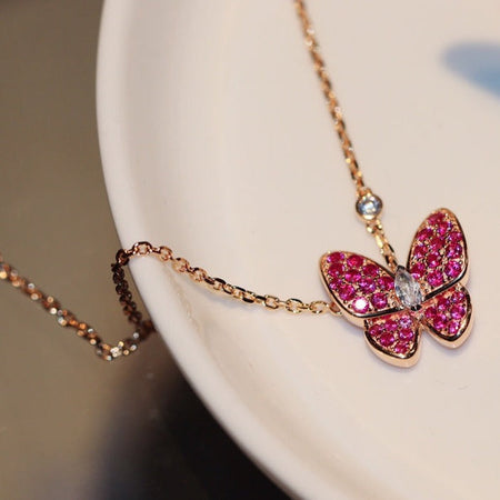 [LUCKY LOVE]BUTTERFLY RED DIAMOND ROSE GOLD NECKLACE
