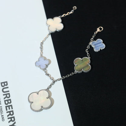 [LUCKY LOVE]CLOVER BRACELET 5 MOTIFS MOP CHALCEDONY SILVER