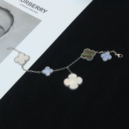 [LUCKY LOVE]CLOVER BRACELET 5 MOTIFS MOP CHALCEDONY SILVER