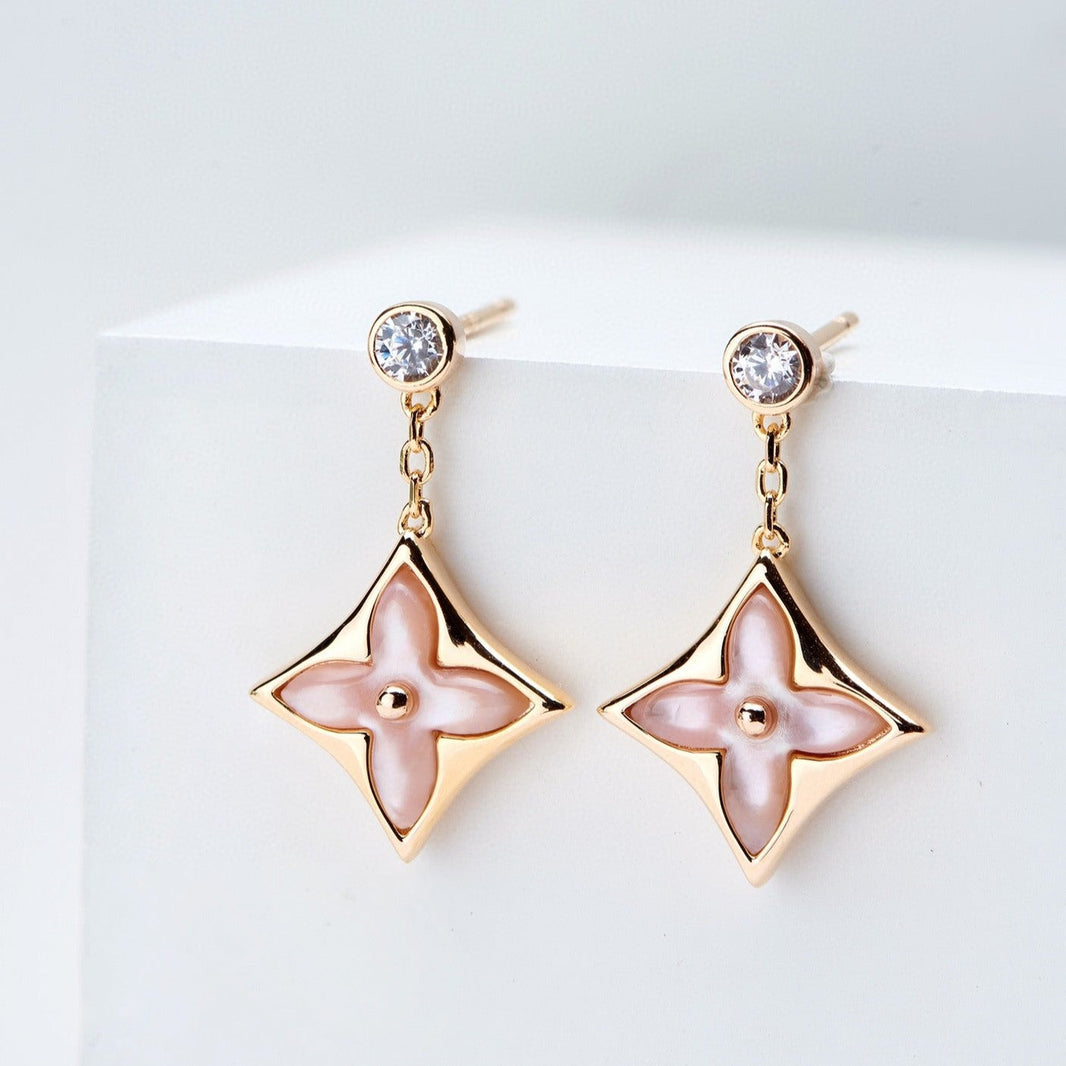 [LUCKY LOVE]DOUBLE STAR PINK GOLD MOP DROP EARRINGS