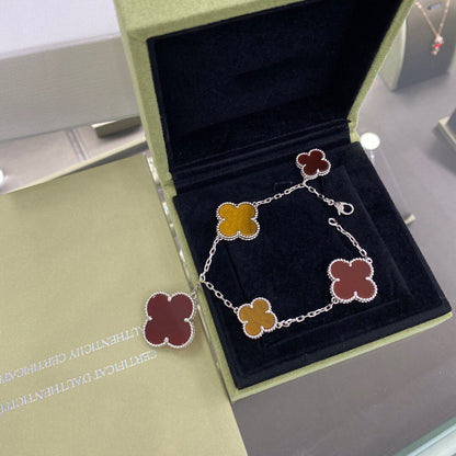 [LUCKY LOVE]CLOVER 5 MOTIFS SIVLER CARNELIAN TIGER EYE BRACELET