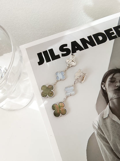 [LUCKY LOVE]CLOVER 3 MOTIFS CHALCEDONY DARK MOP SILVER EARRINGS