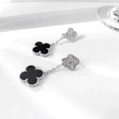 [LUCKY LOVE]CLOVER 2 MOTIFS  DIAMOND ONYX EARRINGS SILVER