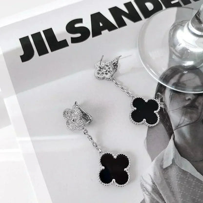 [LUCKY LOVE]CLOVER 2 MOTIFS  DIAMOND ONYX EARRINGS SILVER