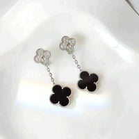 [LUCKY LOVE]CLOVER 2 MOTIFS  DIAMOND ONYX EARRINGS SILVER