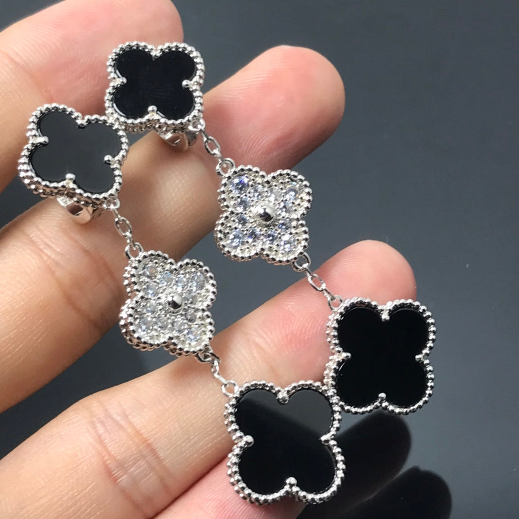 [LUCKY LOVE]CLOVER 3 MOTIF DIAMOND ONYX SILVER EARRINGS