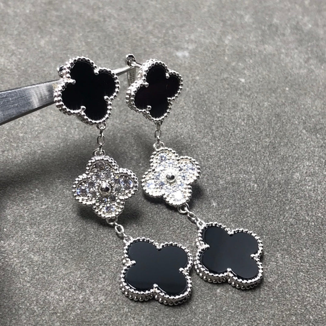 [LUCKY LOVE]CLOVER 3 MOTIF DIAMOND ONYX SILVER EARRINGS
