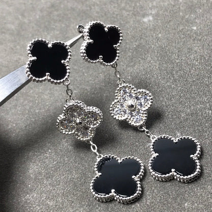 [LUCKY LOVE]CLOVER 3 MOTIF DIAMOND ONYX SILVER EARRINGS