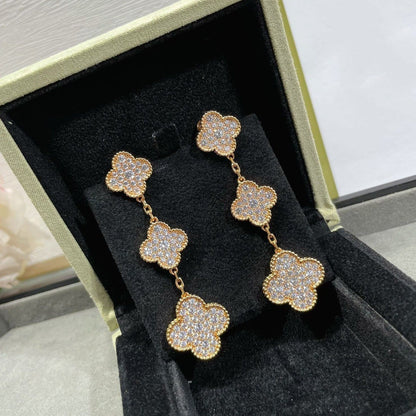 [LUCKY LOVE]CLOVER 3 MOTIFS DIAMOND PAVED ROSE GOLD EARRINGS