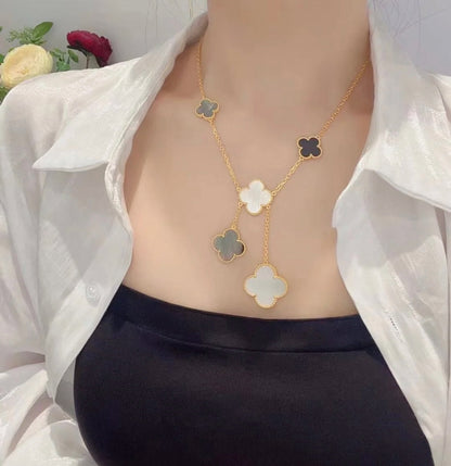 [LUCKY LOVE]CLOVER 6 MOTIF MOP ONYX GOLD NECKLACE