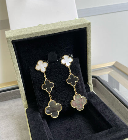 [LUCKY LOVE]CLOVER 3 MOTIF MOP ONYX DARK MOP PINK GOLD EARRINGS