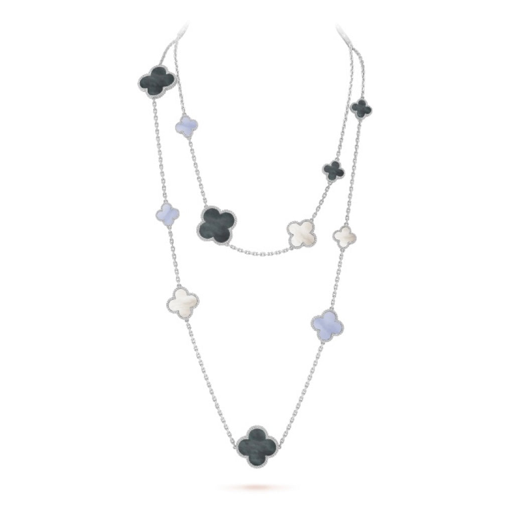 [LUCKY LOVE]CLOVER 16 MOTIF CHALCEDONY MOP SILVER NECKLACE