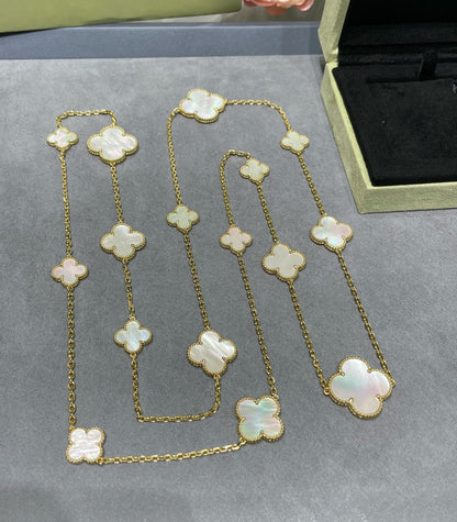 [LUCKY LOVE]CLOVER 16 MOTIF WHITE MOP GOLD NECKLACE