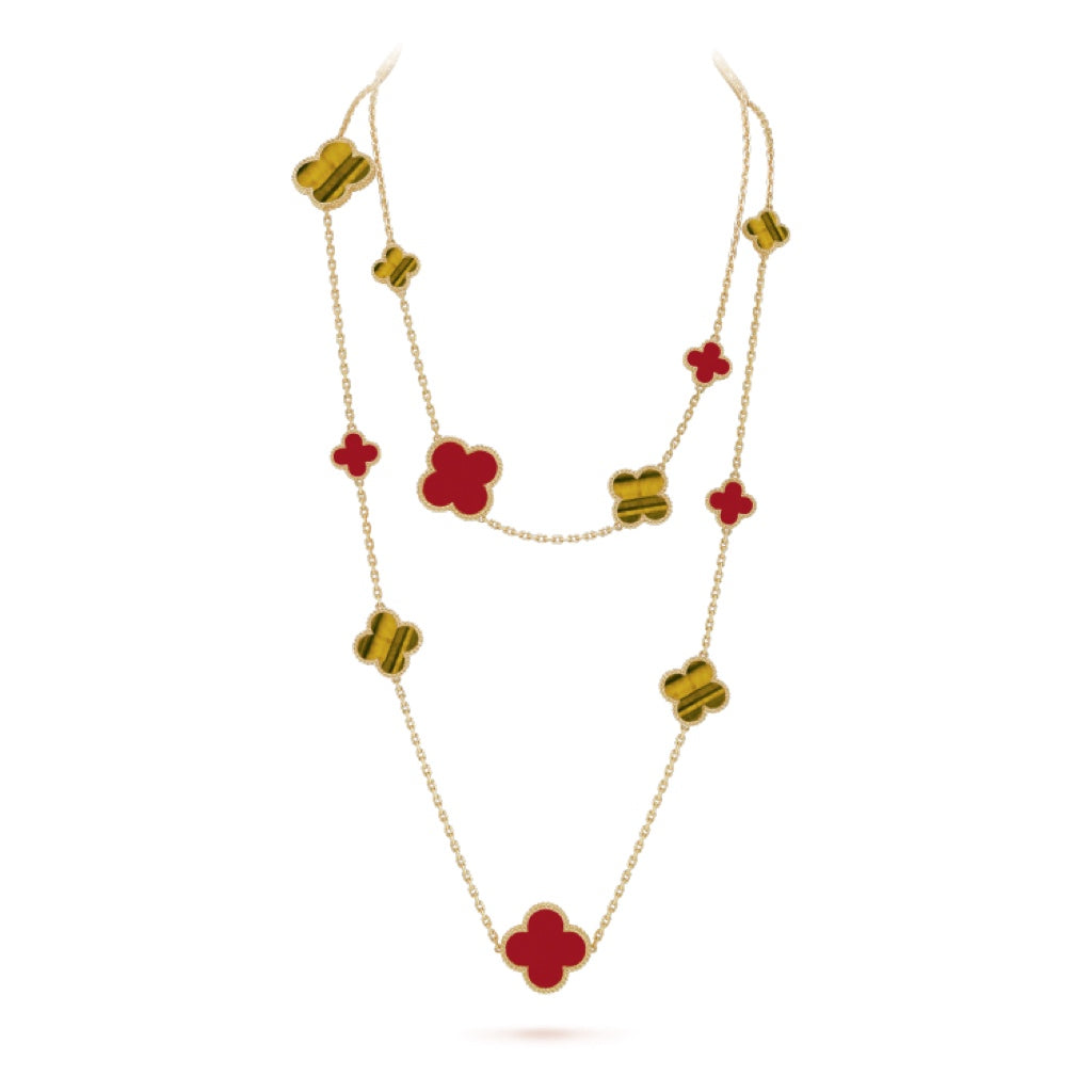 [LUCKY LOVE]CLOVER 16 MOTIF CARNELIAN TIGER EYE ROSE GOLD NECKLACE
