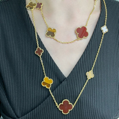 [LUCKY LOVE]CLOVER 16 MOTIF CARNELIAN TIGER EYE ROSE GOLD NECKLACE