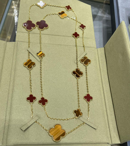 [LUCKY LOVE]CLOVER 16 MOTIF CARNELIAN TIGER EYE ROSE GOLD NECKLACE