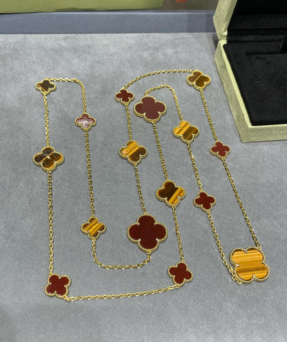 [LUCKY LOVE]CLOVER 16 MOTIF CARNELIAN TIGER EYE ROSE GOLD NECKLACE
