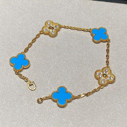 [LUCKY LOVE]CLOVER 5 MOTIF BLUE CHALCEDONY DIAMOND GOLD BRACELET
