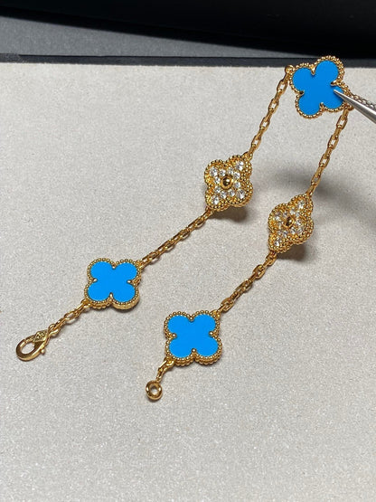 [LUCKY LOVE]CLOVER 5 MOTIF BLUE CHALCEDONY DIAMOND GOLD BRACELET
