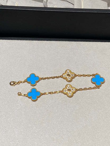[LUCKY LOVE]CLOVER 5 MOTIF BLUE CHALCEDONY DIAMOND GOLD BRACELET