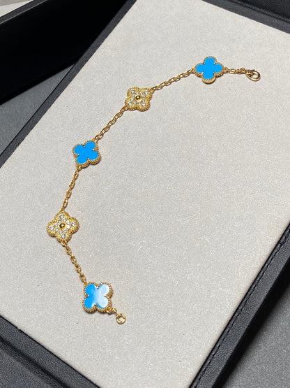 [LUCKY LOVE]CLOVER 5 MOTIF BLUE CHALCEDONY DIAMOND GOLD BRACELET
