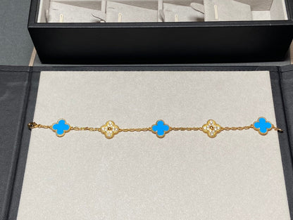 [LUCKY LOVE]CLOVER 5 MOTIF BLUE CHALCEDONY DIAMOND GOLD BRACELET