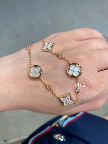 [LUCKY LOVE]STAR AND SUN 4 MOTIF WHITE MOP PINK GOLD BRACELET