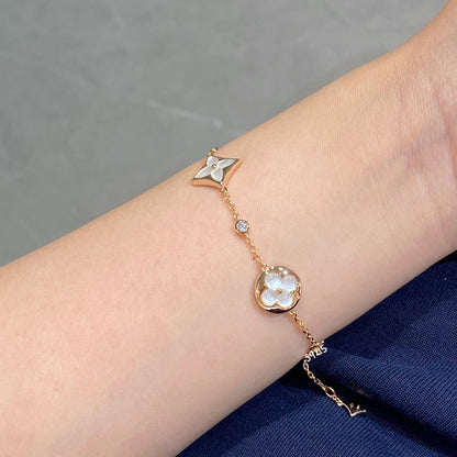 [LUCKY LOVE]STAR AND SUN 4 MOTIF WHITE MOP PINK GOLD BRACELET