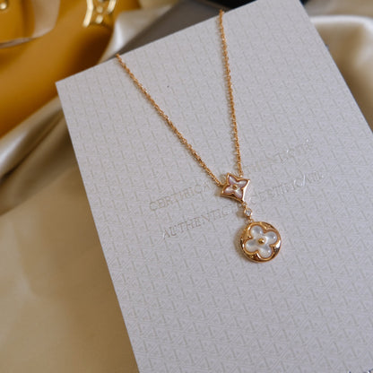 [LUCKY LOVE]STAR AND SUN WHITE MOP 2 MOTIF PINK GOLD NECKLACE