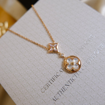[LUCKY LOVE]STAR AND SUN WHITE MOP 2 MOTIF PINK GOLD NECKLACE