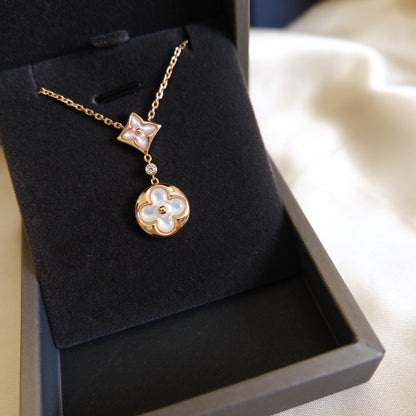 [LUCKY LOVE]STAR AND SUN WHITE MOP 2 MOTIF PINK GOLD NECKLACE