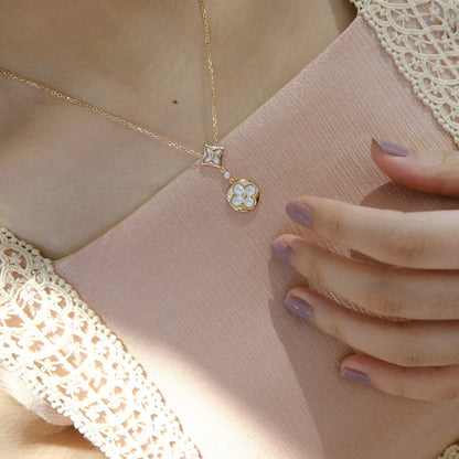 [LUCKY LOVE]STAR AND SUN WHITE MOP 2 MOTIF PINK GOLD NECKLACE
