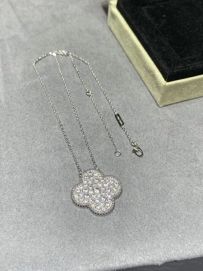 [LUCKY LOVE]CLOVER 25MM LARGE PENDANT DIAMOND PAVED SILVER NECKLACE