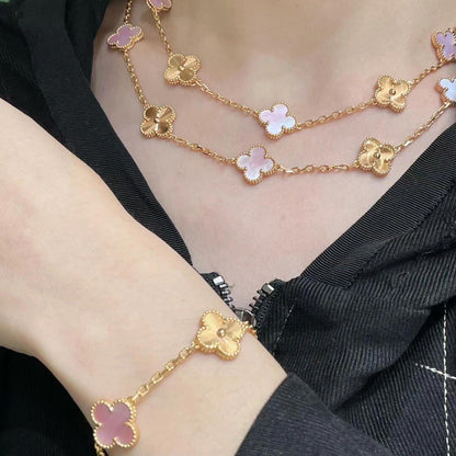[LUCKY LOVE]CLOVER 20 MOTIFS LASER PINK MOP NECKLACE