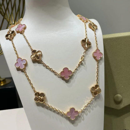 [LUCKY LOVE]CLOVER 20 MOTIFS LASER PINK MOP NECKLACE