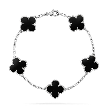 [LUCKY LOVE]CLOVER 5 MOTIF ONYXS  BRACELET SILVER