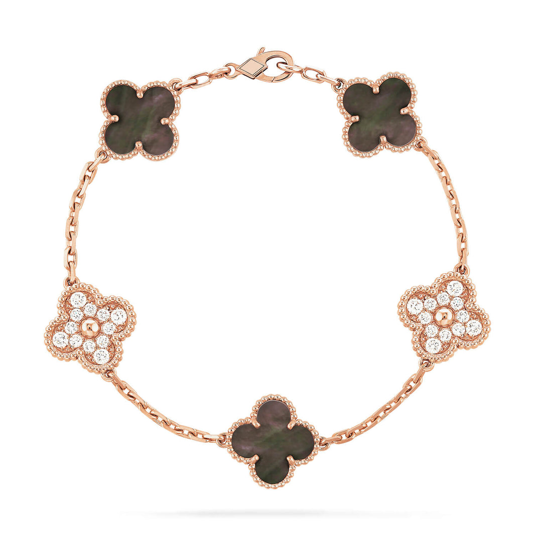 [LUCKY LOVE]CLOVER 5 MOTIFS DARK MOP AND DIAMONDS ROSE GOLD BRACELET