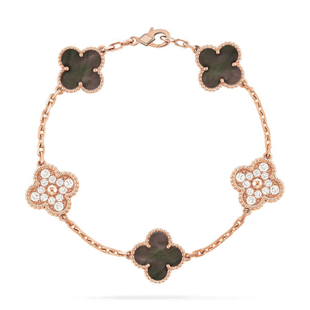 [LUCKY LOVE]CLOVER 5 MOTIFS DARK MOP AND DIAMONDS ROSE GOLD BRACELET