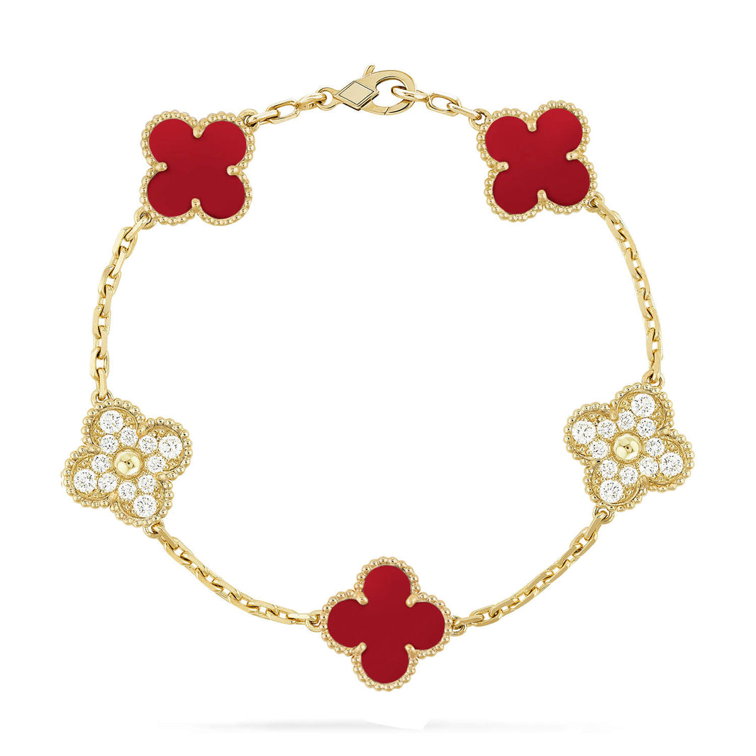 [LUCKY LOVE]CLOVER 5 MOTIFS CARNELIAN DIAMOND BRACELET