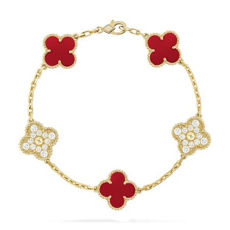 [LUCKY LOVE]CLOVER 5 MOTIFS CARNELIAN DIAMOND BRACELET