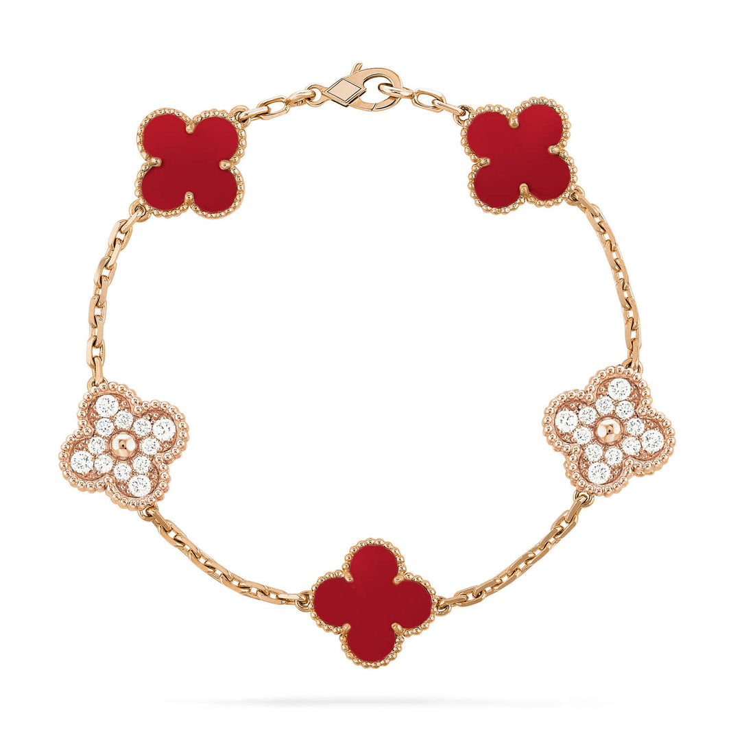 [LUCKY LOVE]CLOVER 5 MOTIFS CARNELIAN DIAMOND BRACELET