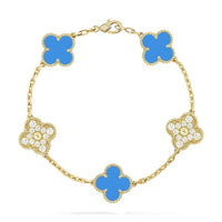 [LUCKY LOVE]CLOVER 5 MOTIF BLUE CHALCEDONY DIAMOND GOLD BRACELET