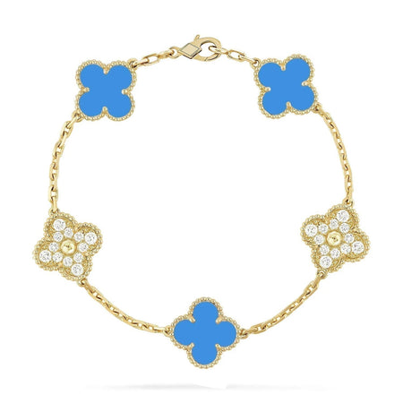[LUCKY LOVE]CLOVER 5 MOTIF BLUE CHALCEDONY DIAMOND GOLD BRACELET