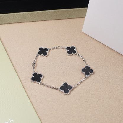 [LUCKY LOVE]CLOVER 5 MOTIF ONYXS  BRACELET SILVER